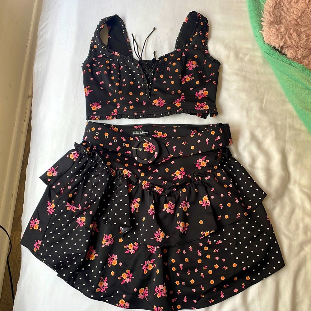 For Love and Lemons 3 piece Set Skirt Crop Top and Belt Floral Medium M